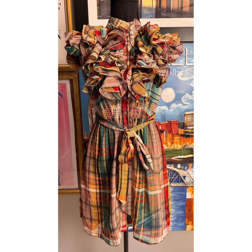 Twenty One Plaid Ruffle Mini Dress Small Multicolor Tartan Button Front Fancy - Picture 3 of 8